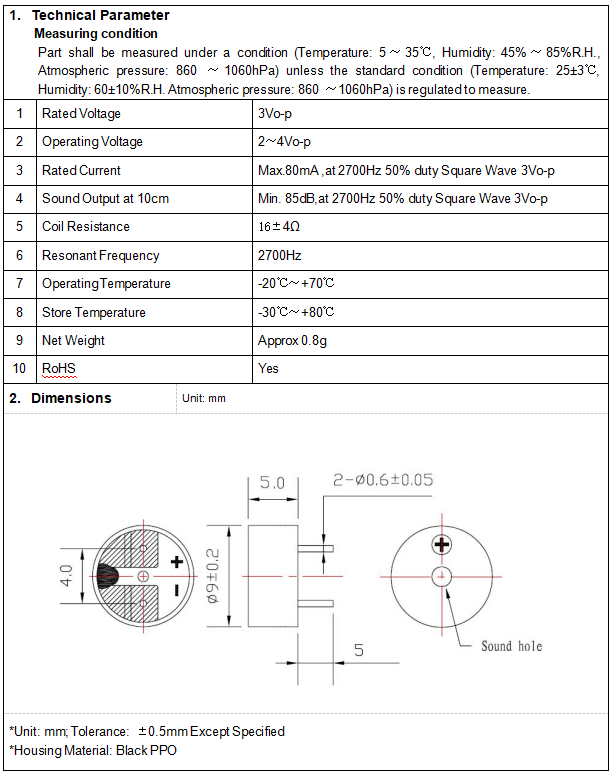 BM9050-0327-16 Electronicsmagnetic Buzzer