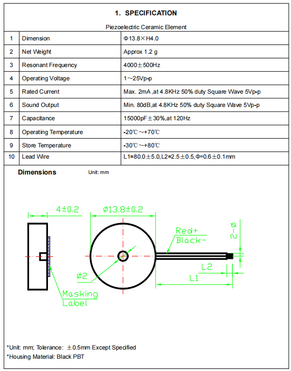 BP1440W35-48 Piezo Buzzer