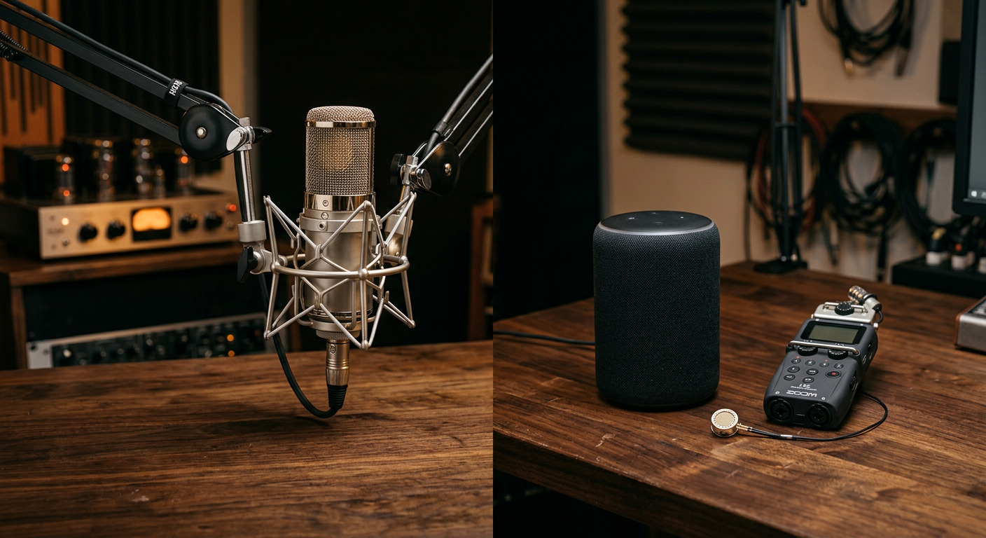 A condenser microphone and a smart speaker on desks in a studio