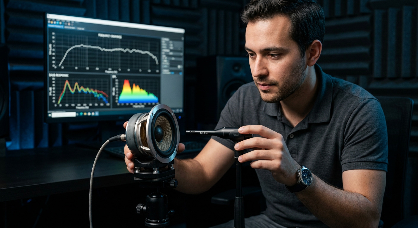 An engineer measuring a speaker with a microphone in a studio, with a frequency response curve on screen