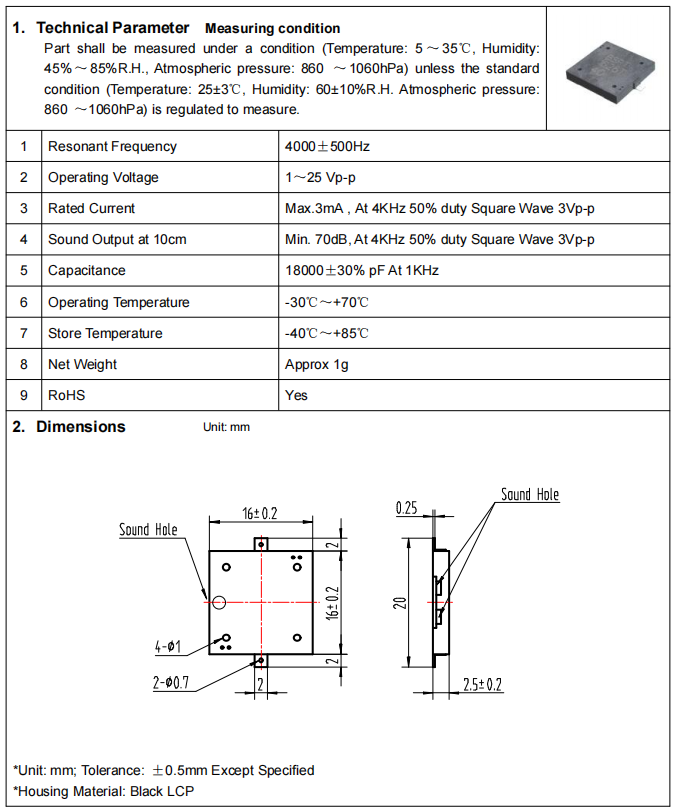 BP1625S-40 Piezo Buzzer