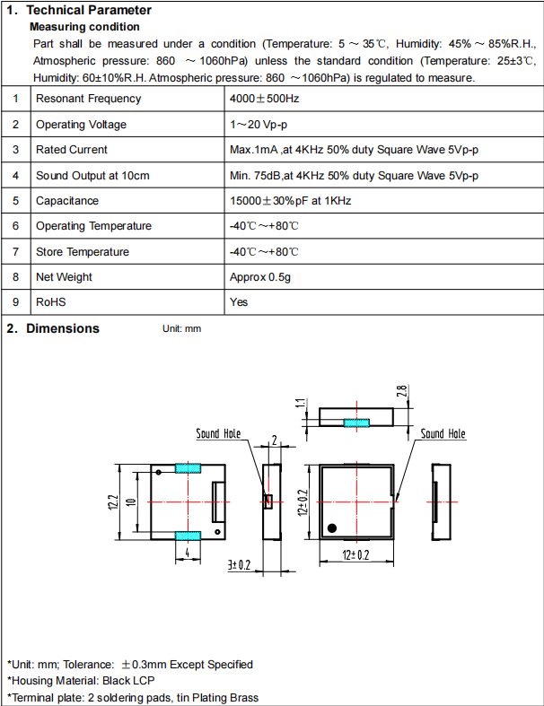 BP1230S SMD piezoelectric buzzer components in anti-static Tape and Reel packaging for automated PCB assembly