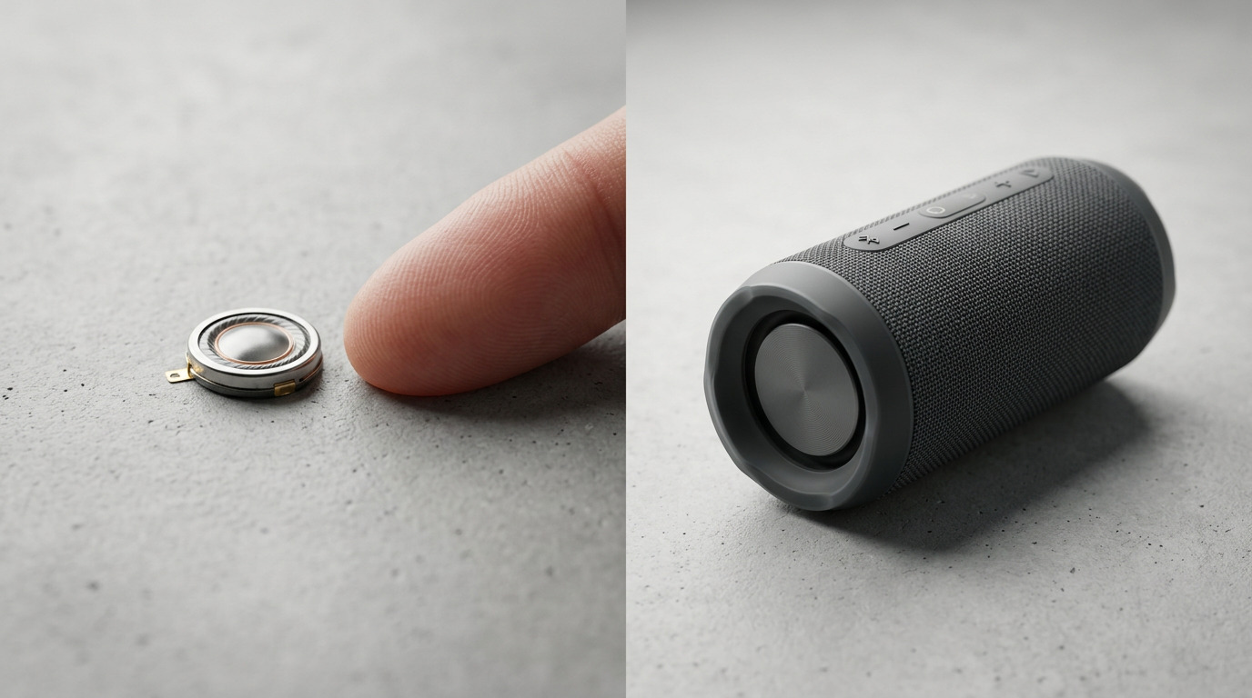A fingertip-sized micro speaker next to a small portable Bluetooth speaker for scale