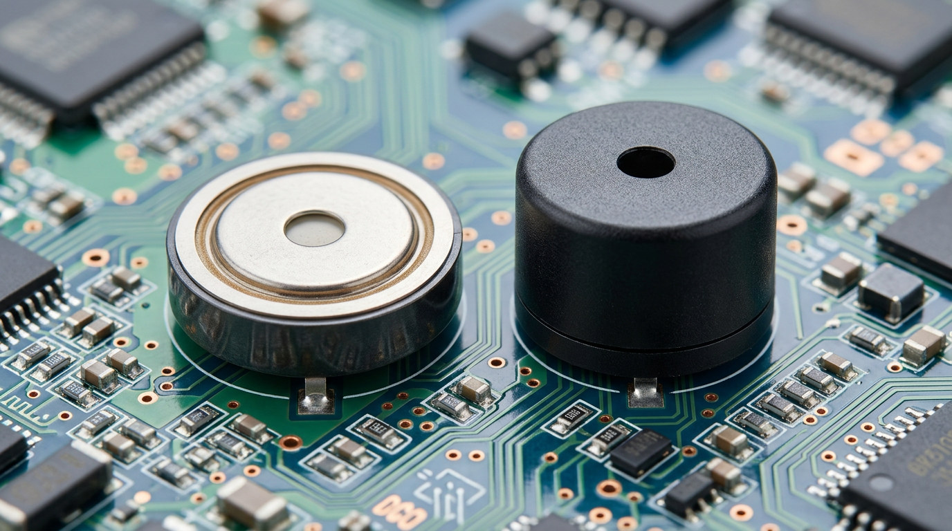 A piezo disc element and a magnetic buzzer mounted on the same circuit board