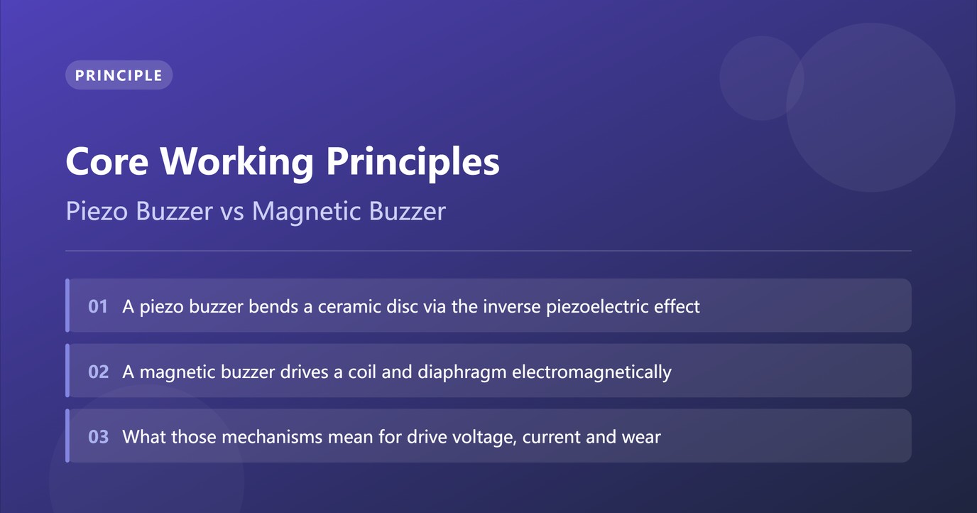 Diagram comparing how a piezo buzzer bends a ceramic disc with the inverse piezoelectric effect and how a magnetic buzzer drives a coil and diaphragm