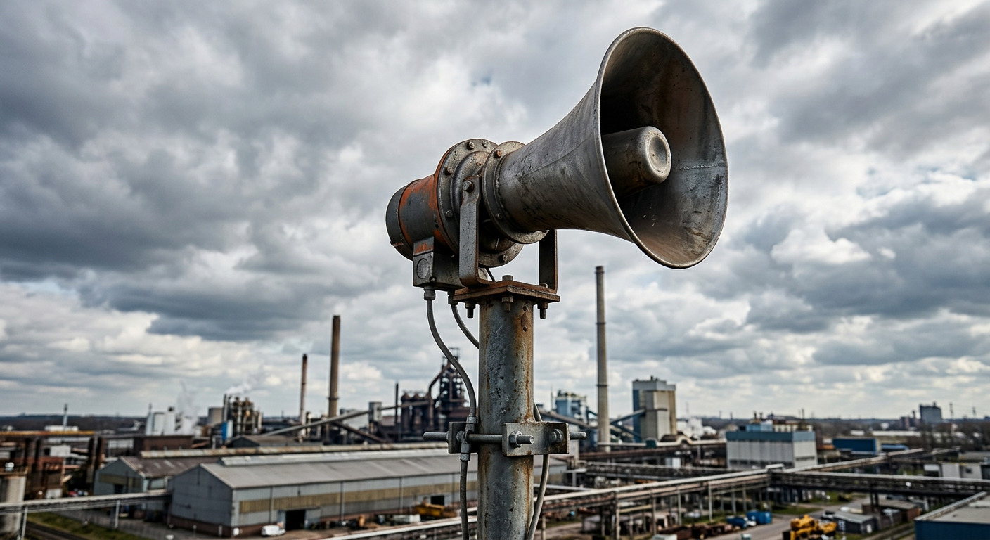 A horn siren mounted on a pole at an industrial plant with smokestacks under a cloudy sky