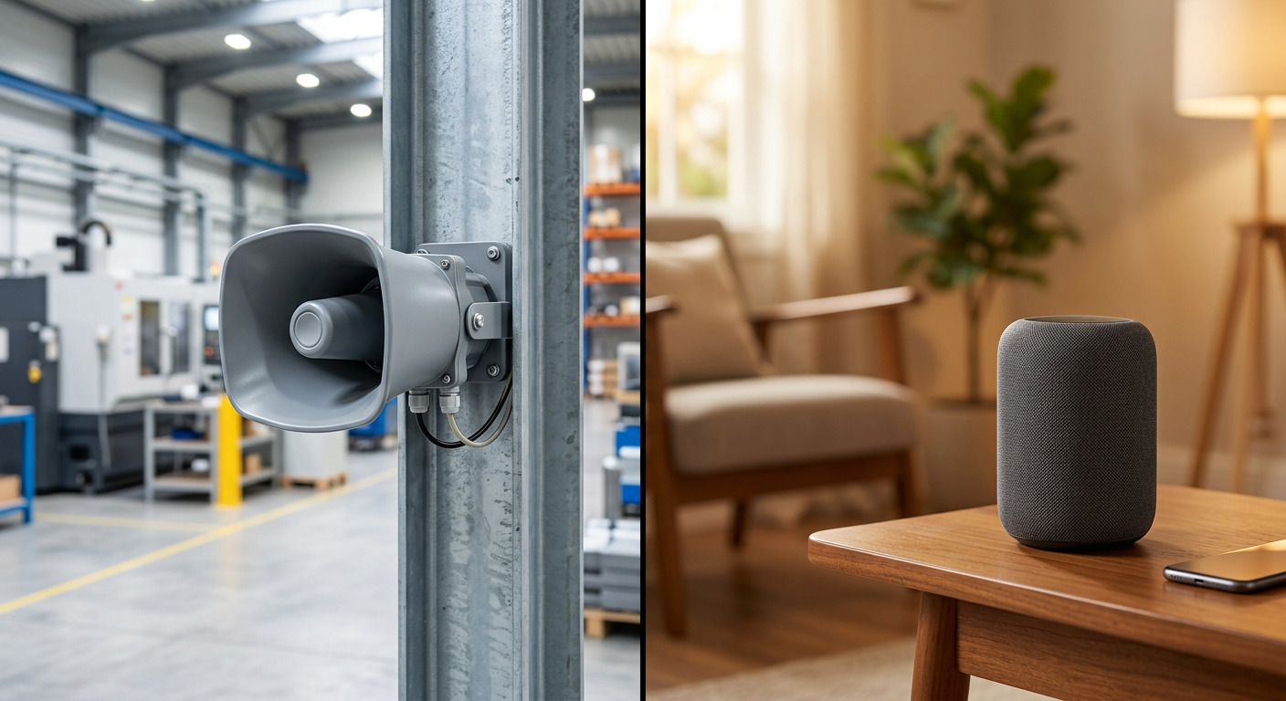 A horn loudspeaker mounted in a factory, alongside a smart speaker on a table in a living room