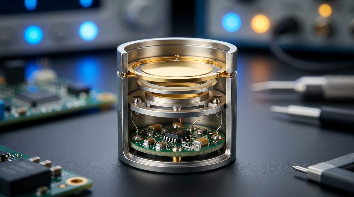 Cutaway view of a cylindrical microphone capsule showing its internal layers