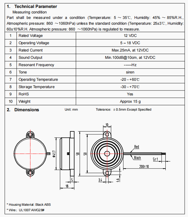 BPC4218W200-12H Active Piezo Buzzer