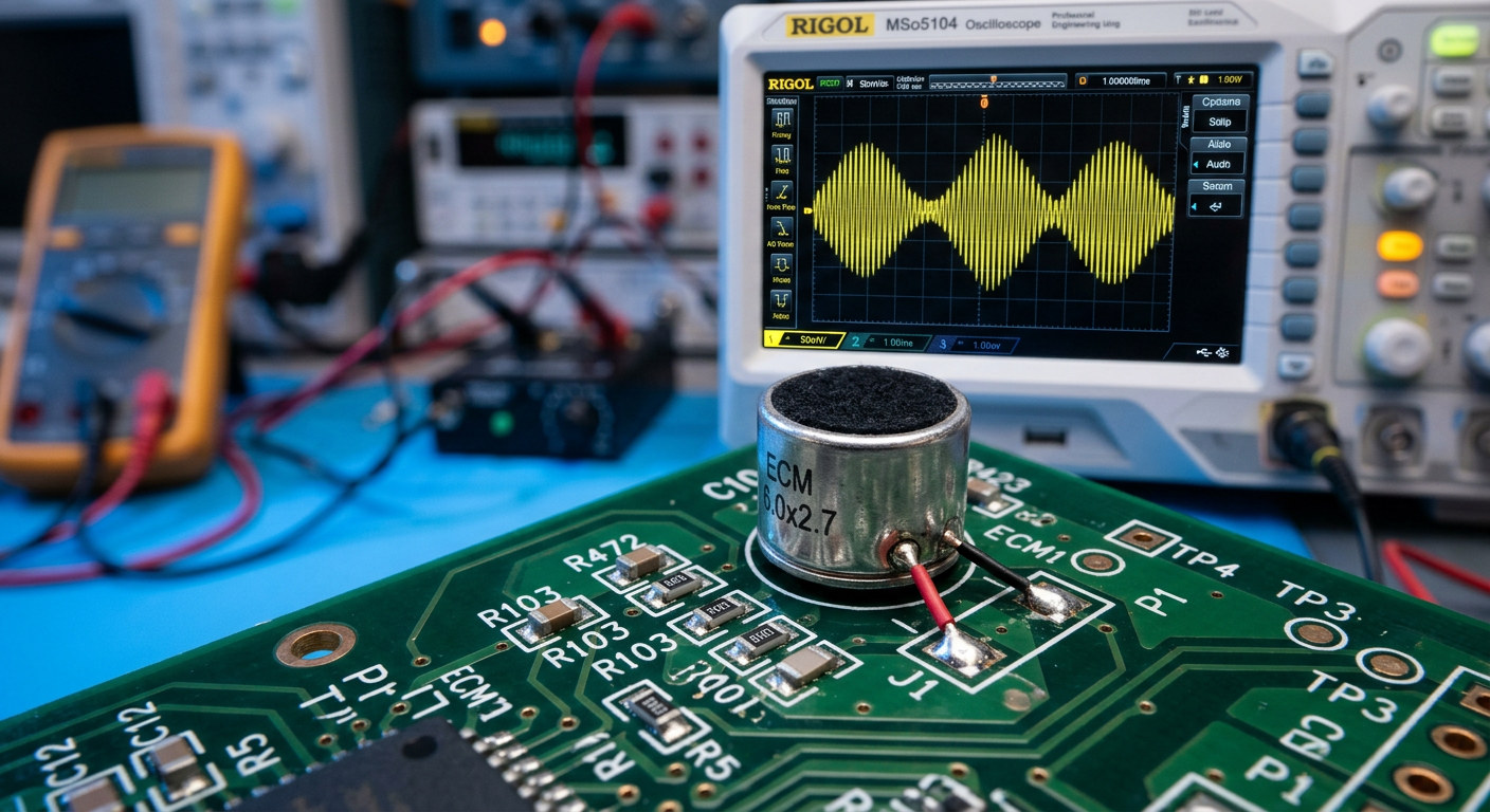 A small electret capsule soldered onto a green circuit board with an oscilloscope showing a waveform