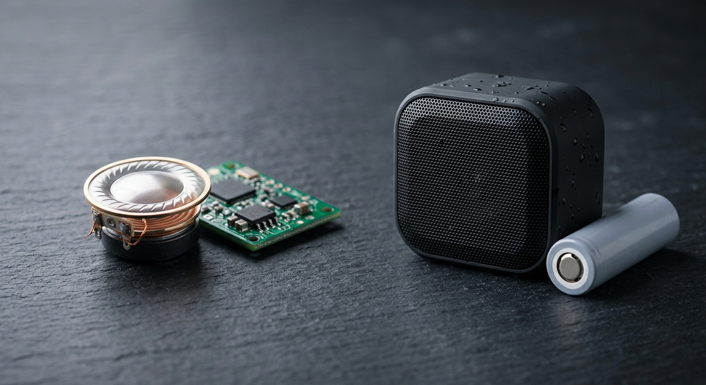 A mylar speaker, a green circuit board, a mini speaker cube and a battery laid out on a table