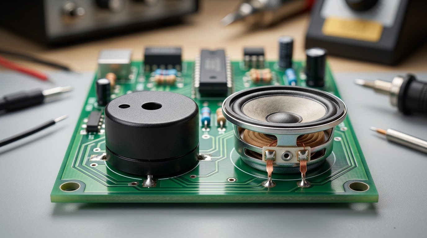 A black buzzer and a metallic mylar speaker mounted on the same green circuit board next to a capacitor