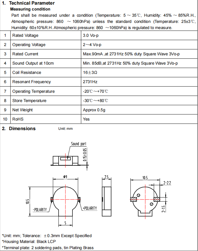 BM9025S-0327-16 SMD Electronic-magnetic Buzzer