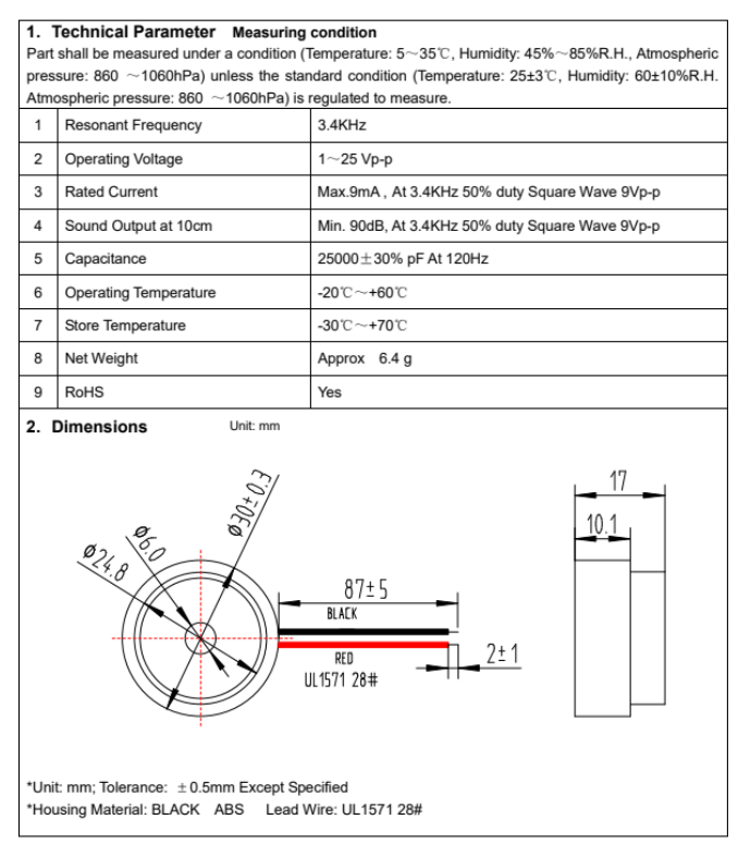 BP3017W50-28 Piezo Buzzer
