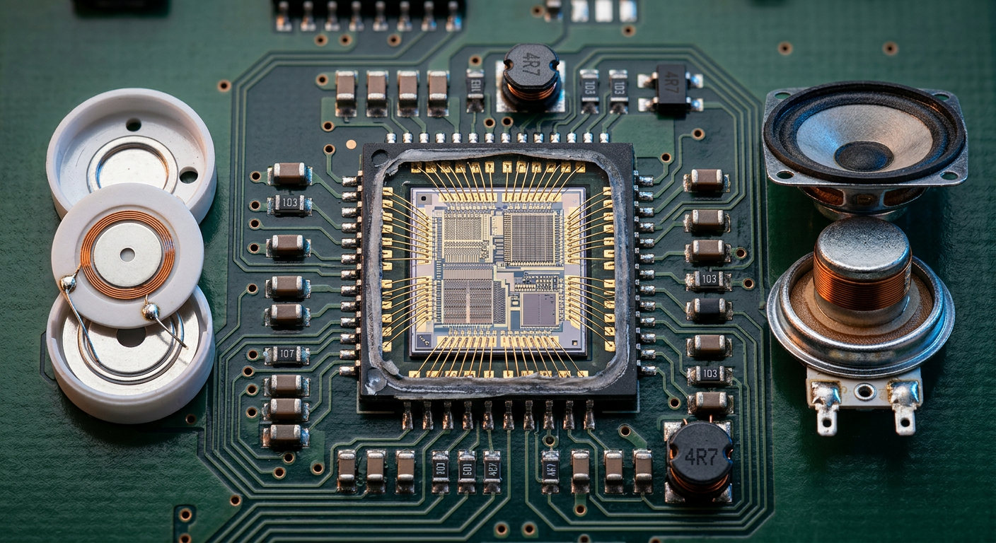 Top-down view of a circuit board with a main integrated circuit, a piezo element and two small speakers