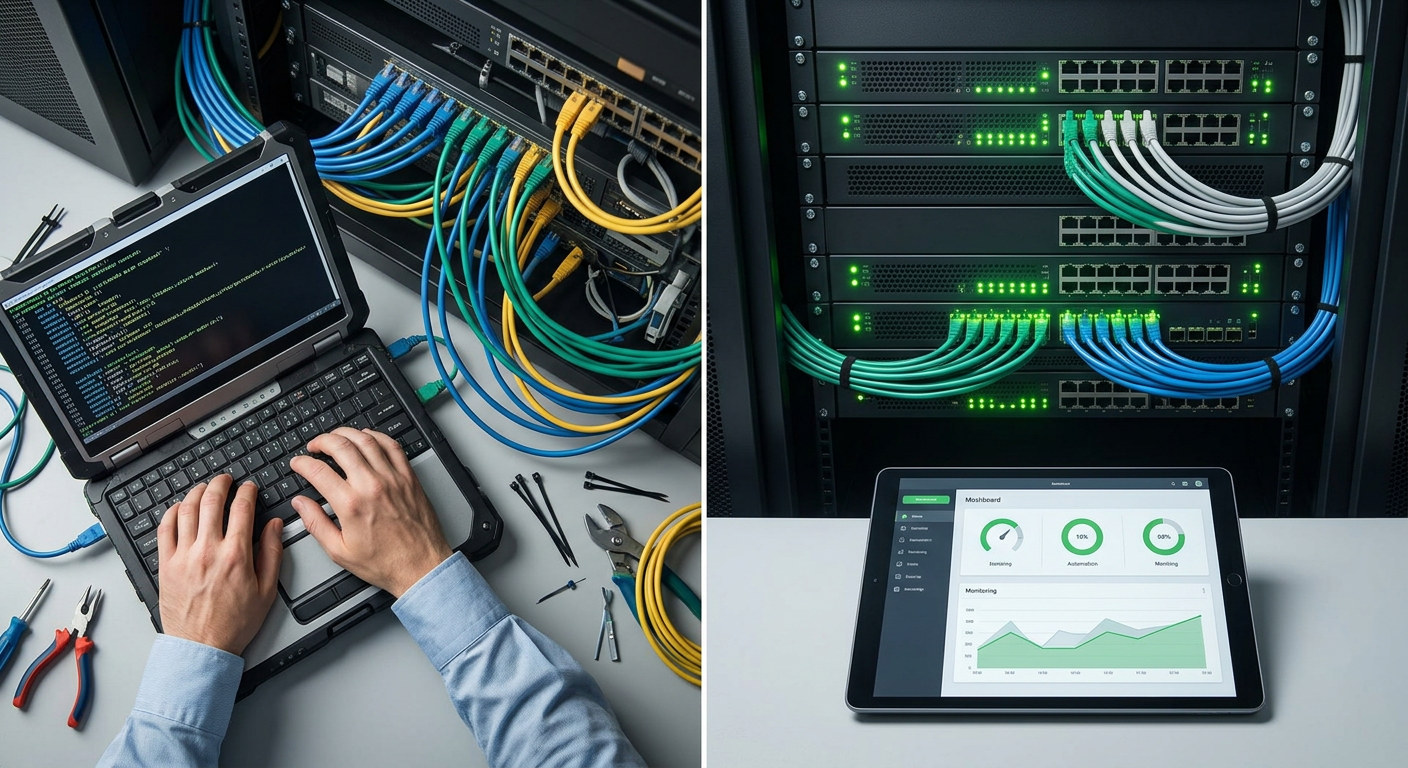 An engineer at a laptop beside network cabling, and a tablet showing a monitoring dashboard