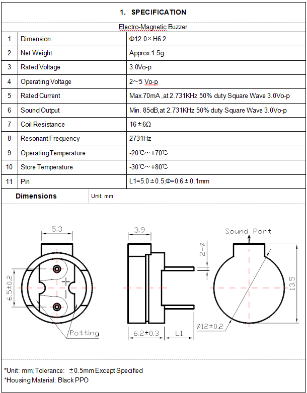 BM1265-0327-16 Electronicmagnetic Buzzer
