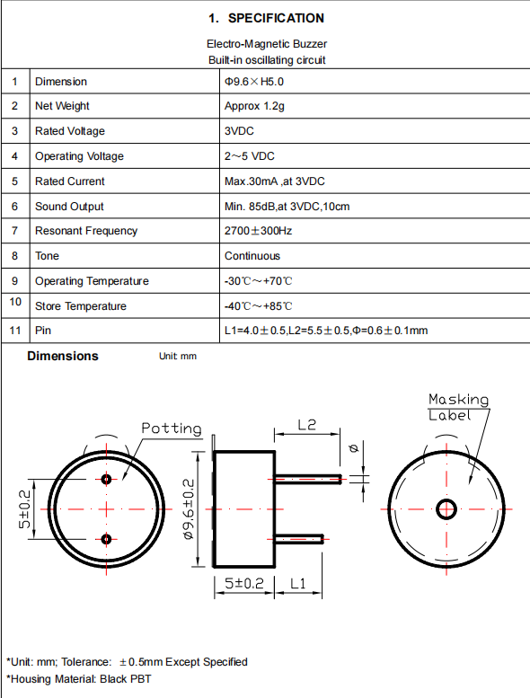 BMC9650 Electromagnetic Buzzer showing durable flame-retardant casing and precision pins for PCB mounting