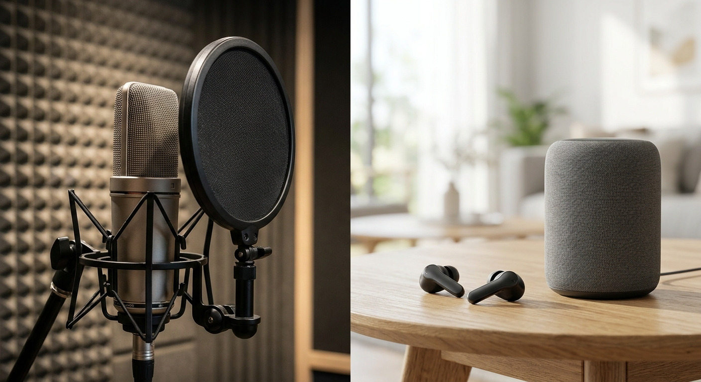 A studio condenser microphone with a pop filter beside a smart speaker in a room