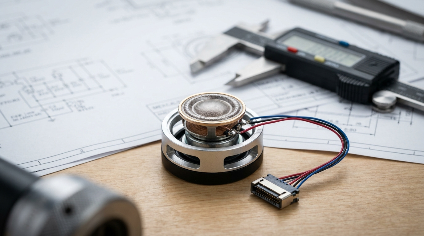 A mylar speaker with leads on a desk beside calipers, a digital multimeter and engineering drawings