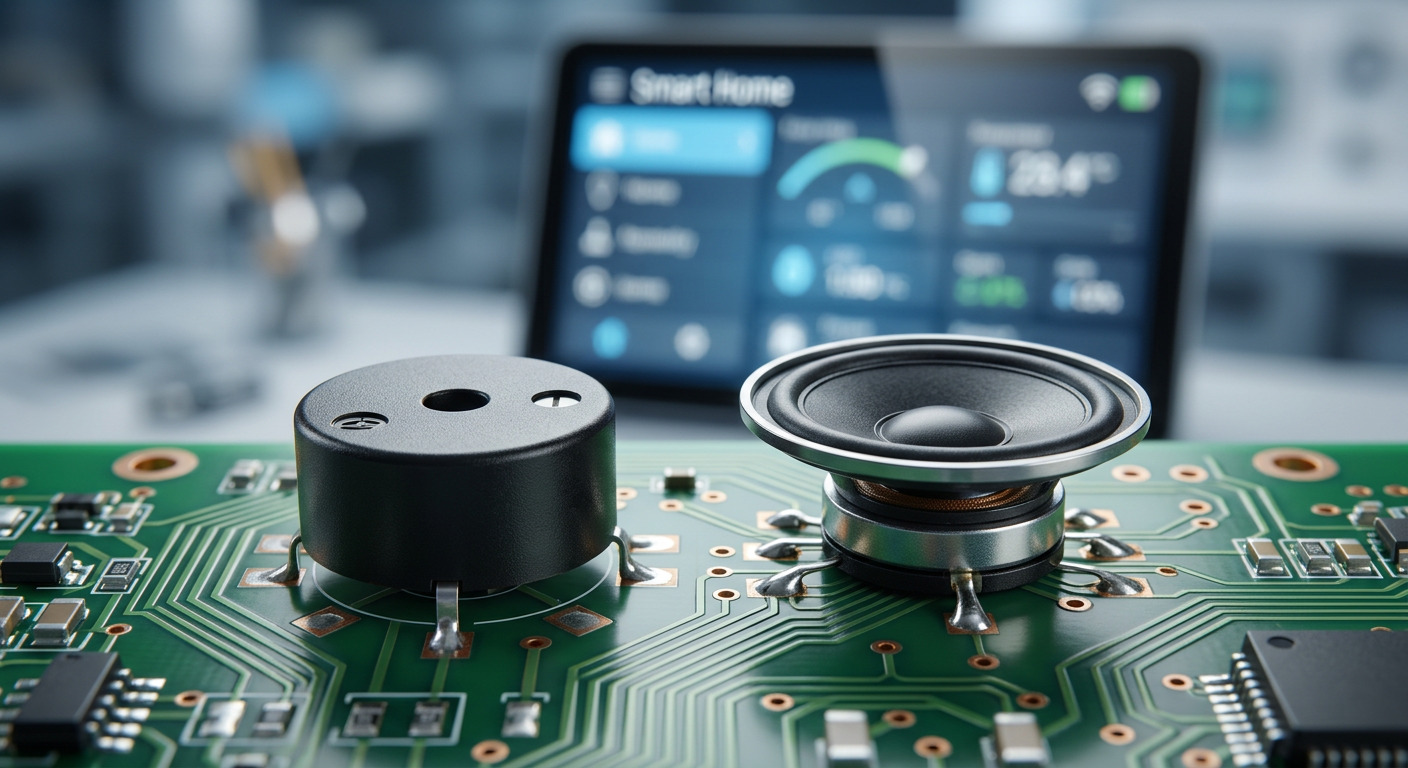 A buzzer and a mylar speaker on a green circuit board with a monitoring screen in the background