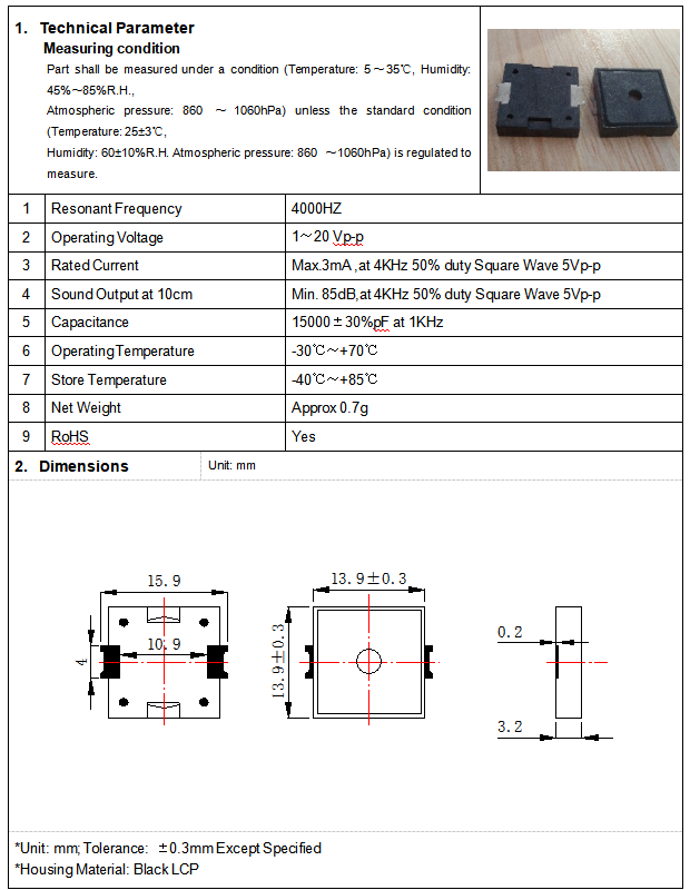 BP1440S-40 Piezo Buzzer