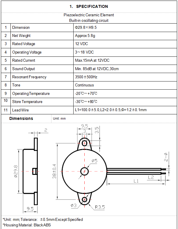 BPC3095WC100-1235 Active Piezo Buzzer