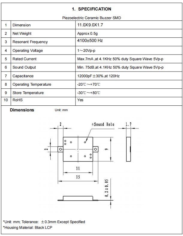 BP1109S-0541 Piezo Buzzer
