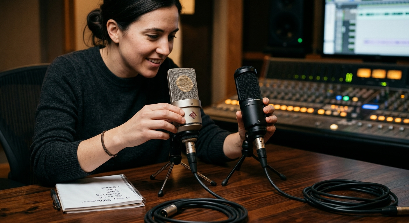 A voiceover artist speaking into a condenser microphone in a booth with a waveform on screen