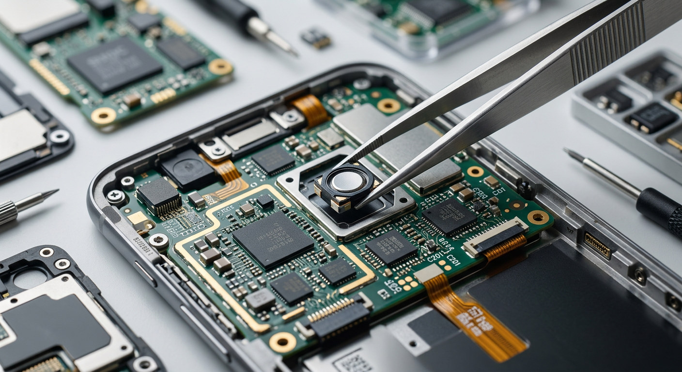 Tweezers placing a tiny speaker component onto a densely populated circuit board