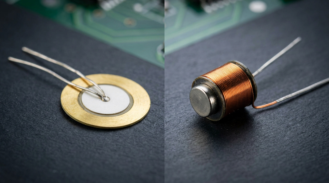 Close-up of a gold piezo element and a cylindrical magnetic buzzer side by side, both fitted with leads