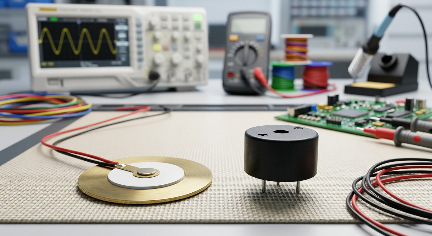 A piezo disc and a buzzer on a bench with an oscilloscope and a multimeter
