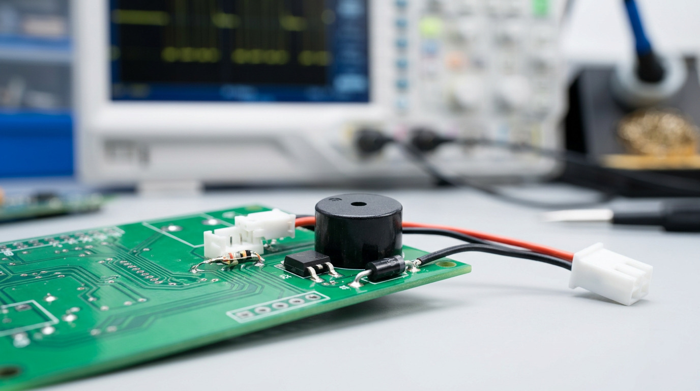 A green circuit board with a buzzer connected through a white latching connector and coloured wires