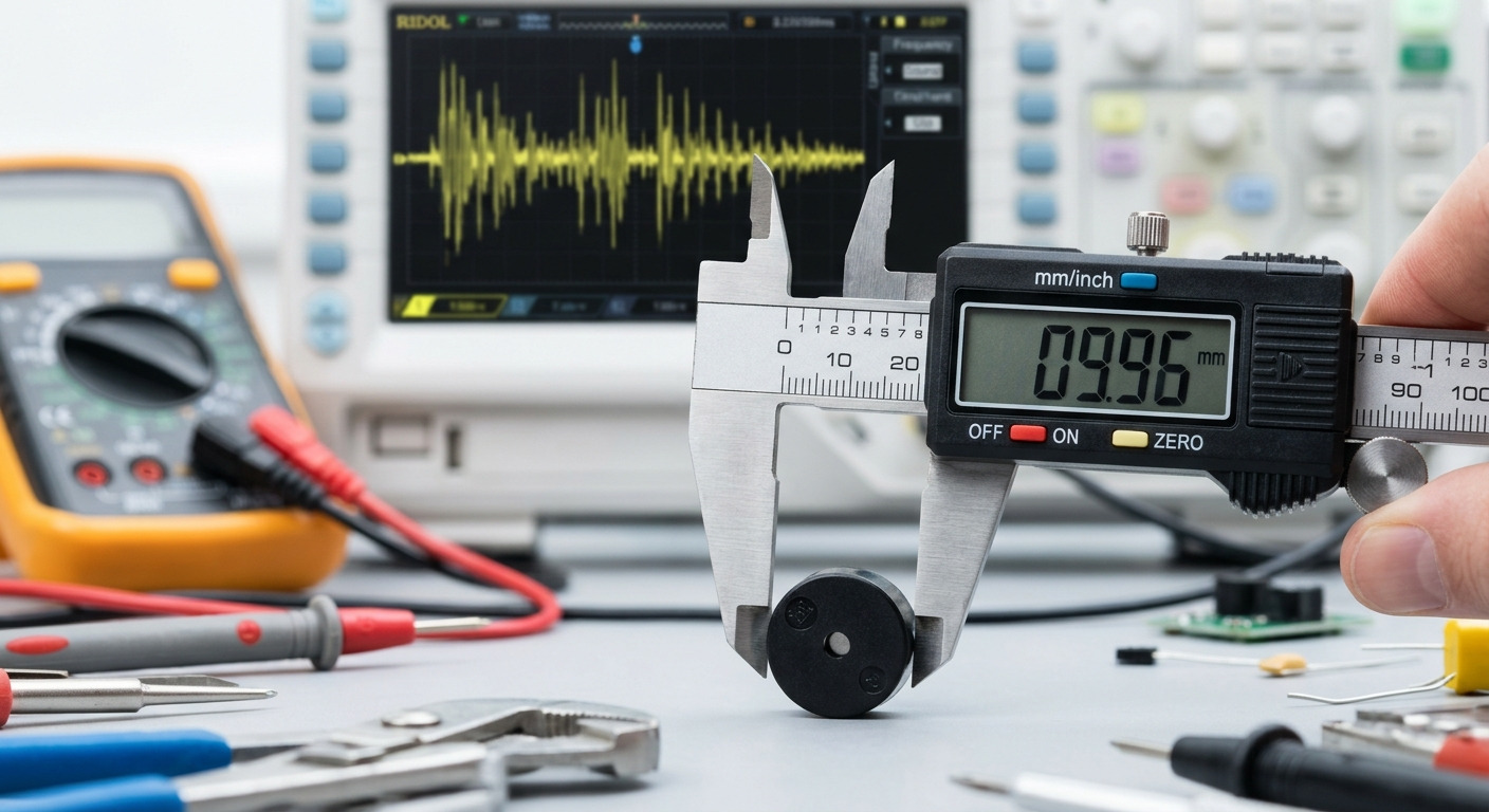 A buzzer under test with a multimeter reading and an oscilloscope trace on the bench