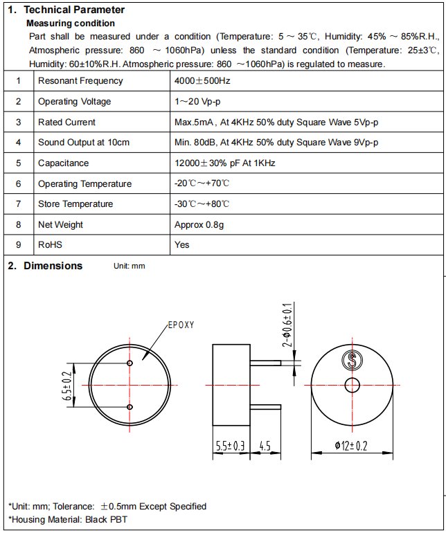 BP1255-40 Piezo Buzzer