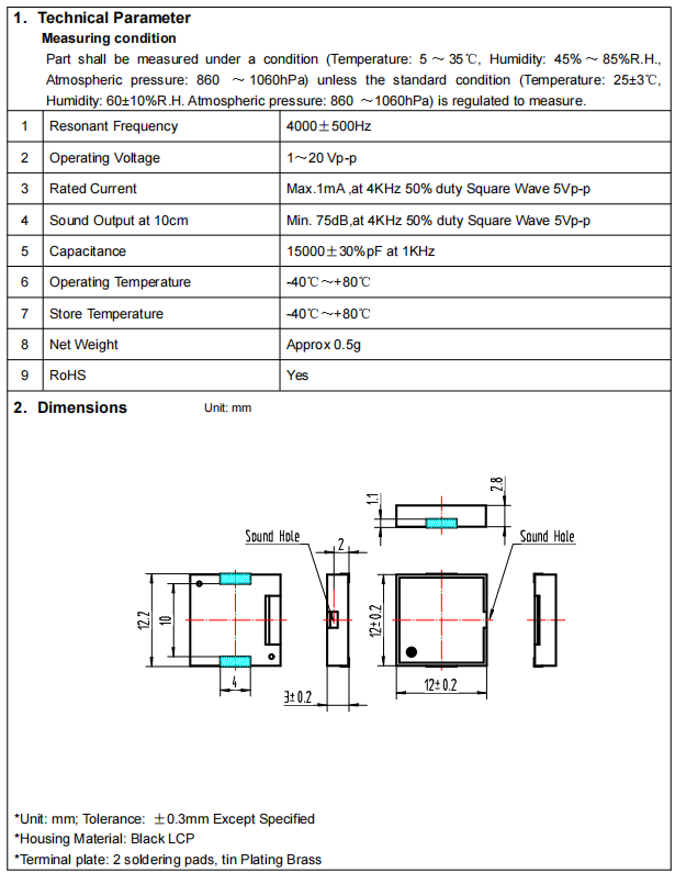 BP1230S-40 Piezo Buzzer