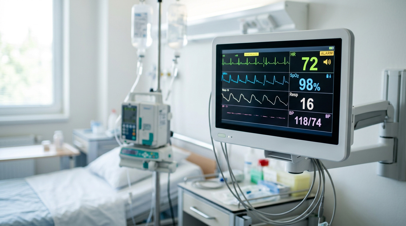 A hospital patient monitor displaying vital signs beside an infusion drip