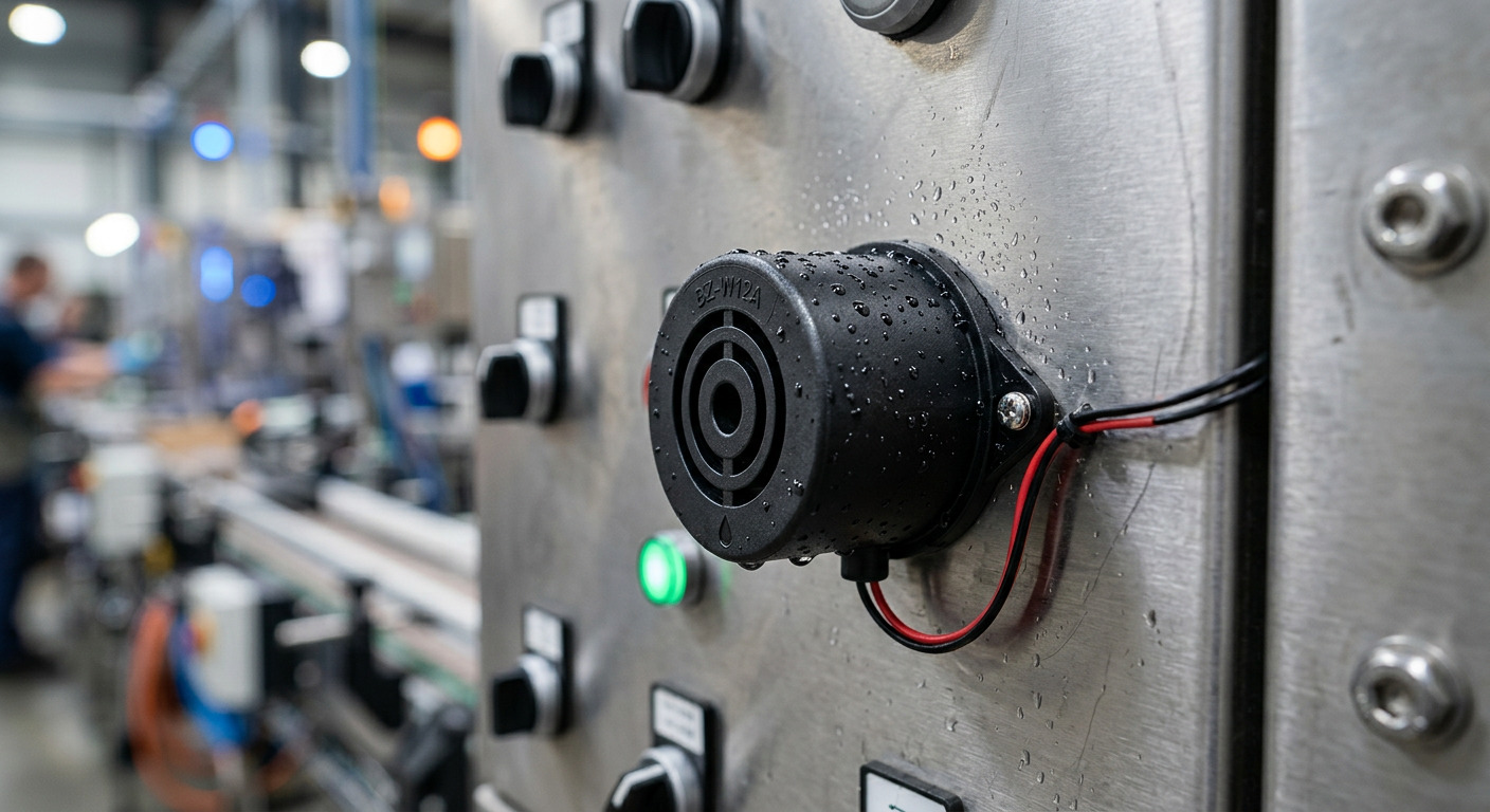 A black panel-threaded buzzer mounted on a stainless steel control panel with buttons