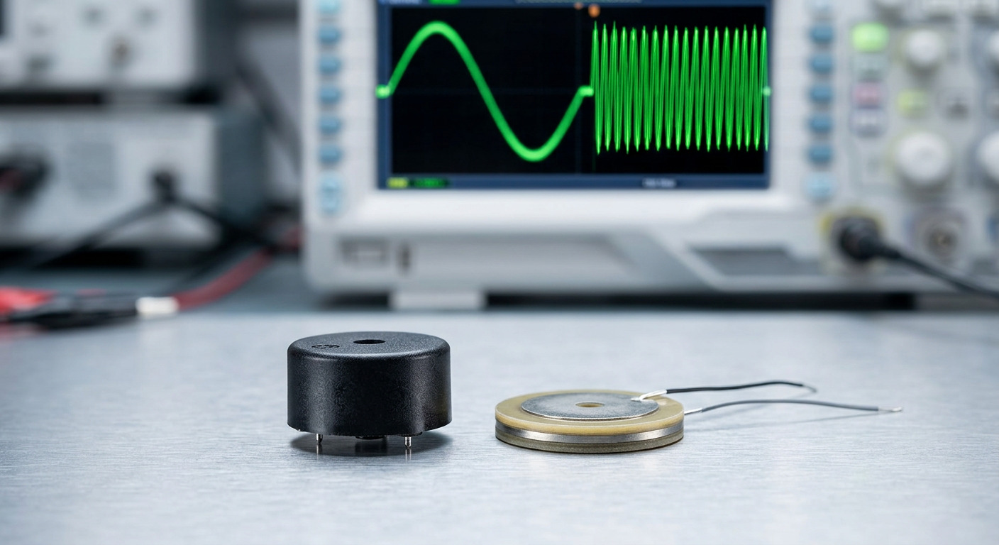 Two buzzers on a bench beside an oscilloscope displaying a square wave drive signal