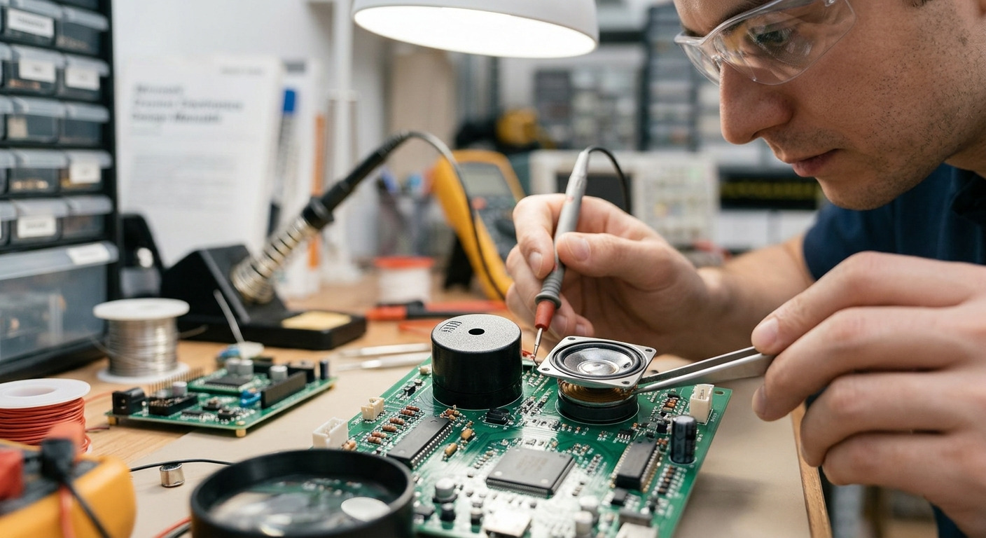 An engineer soldering a circuit board at a workbench with buzzers and speakers laid out nearby
