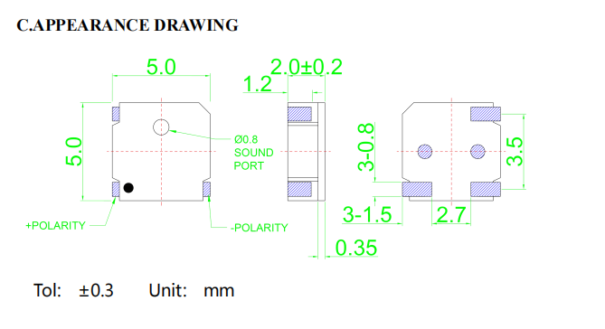 Technical specifications and frequency response curve for the BM5020S SMD electromagnetic buzzer