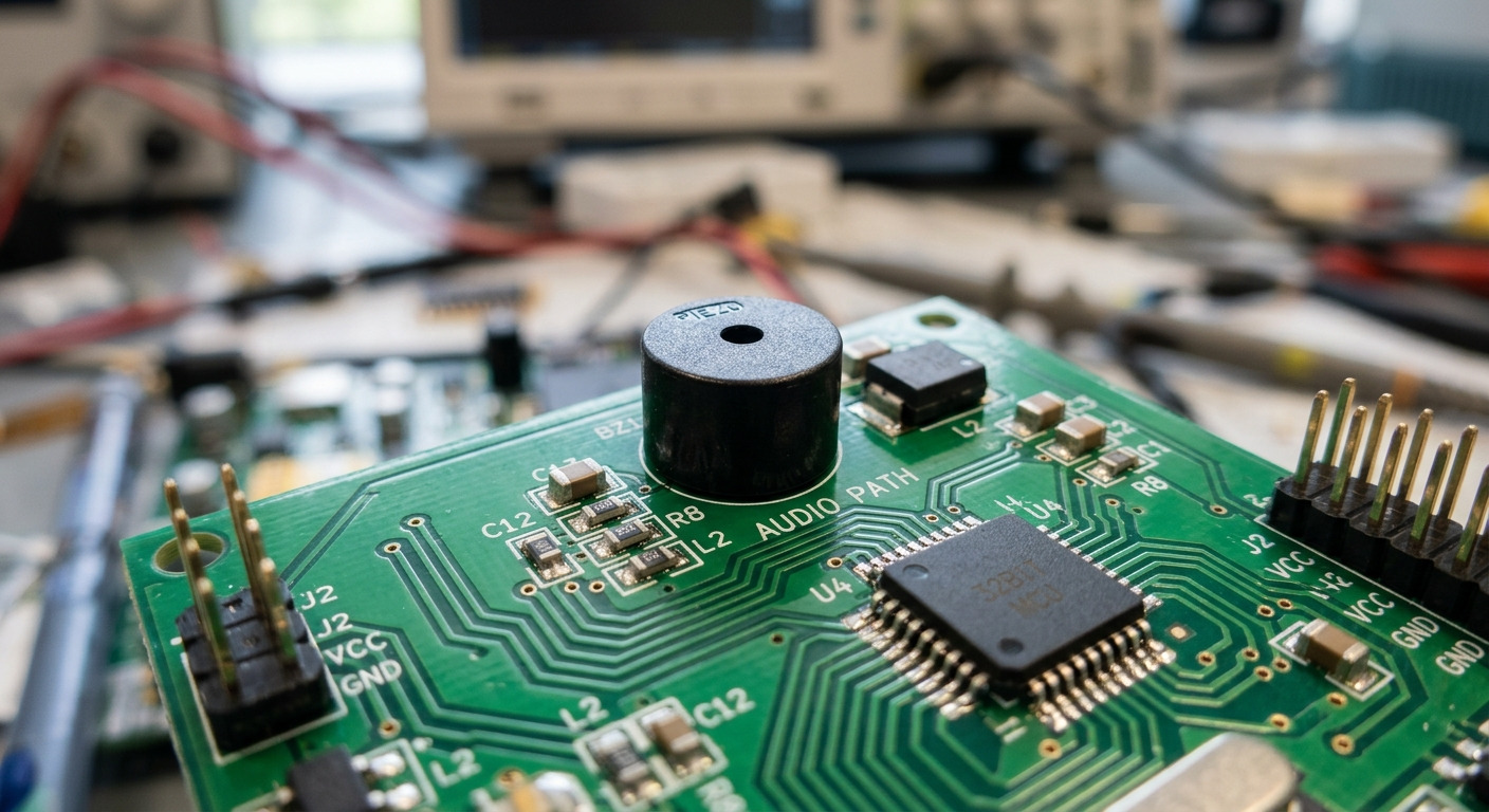 Two small pin-mount buzzers soldered among integrated circuits on a printed circuit board