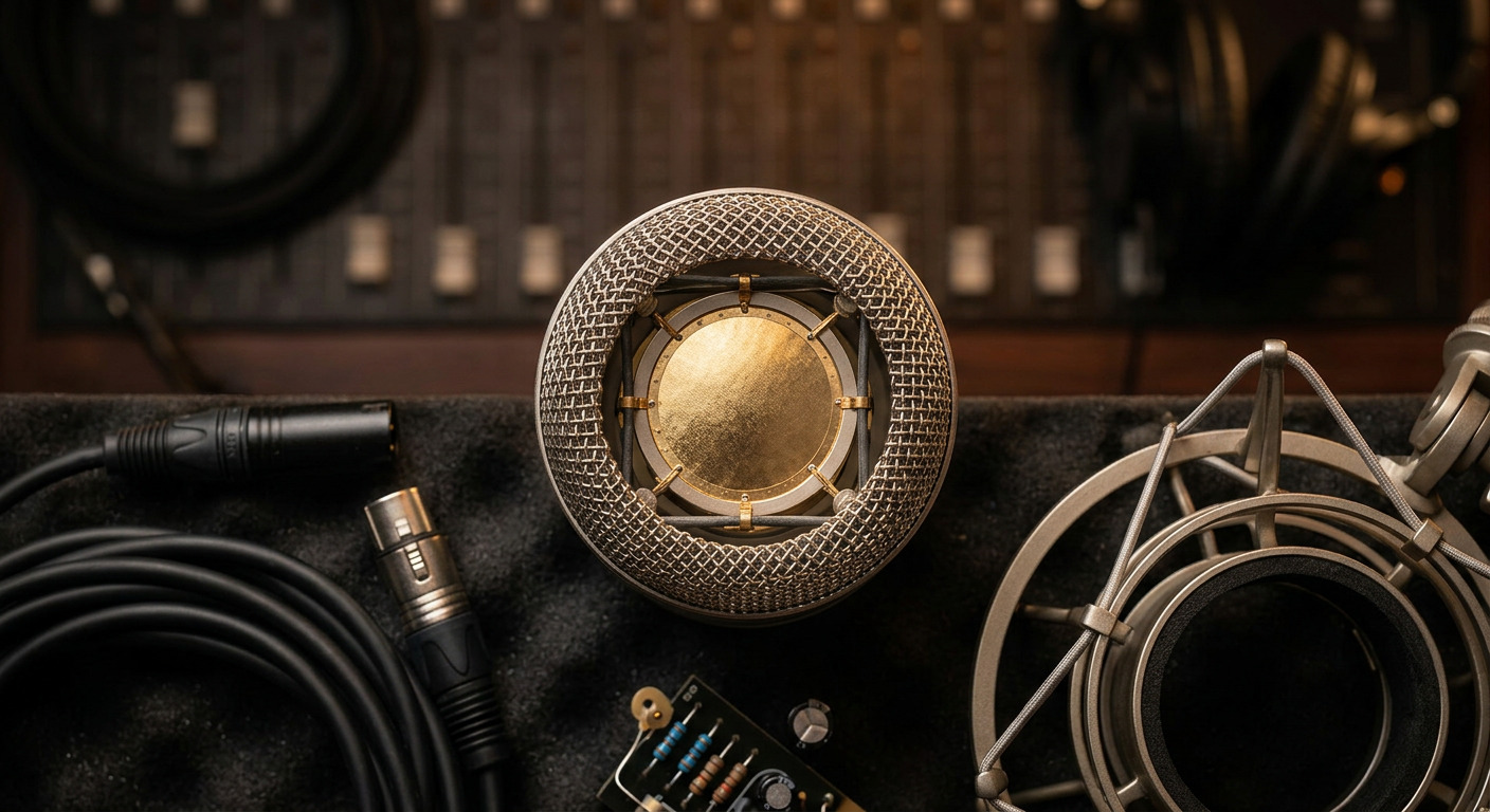 Close-up of a condenser microphone capsule grille with coiled XLR cables