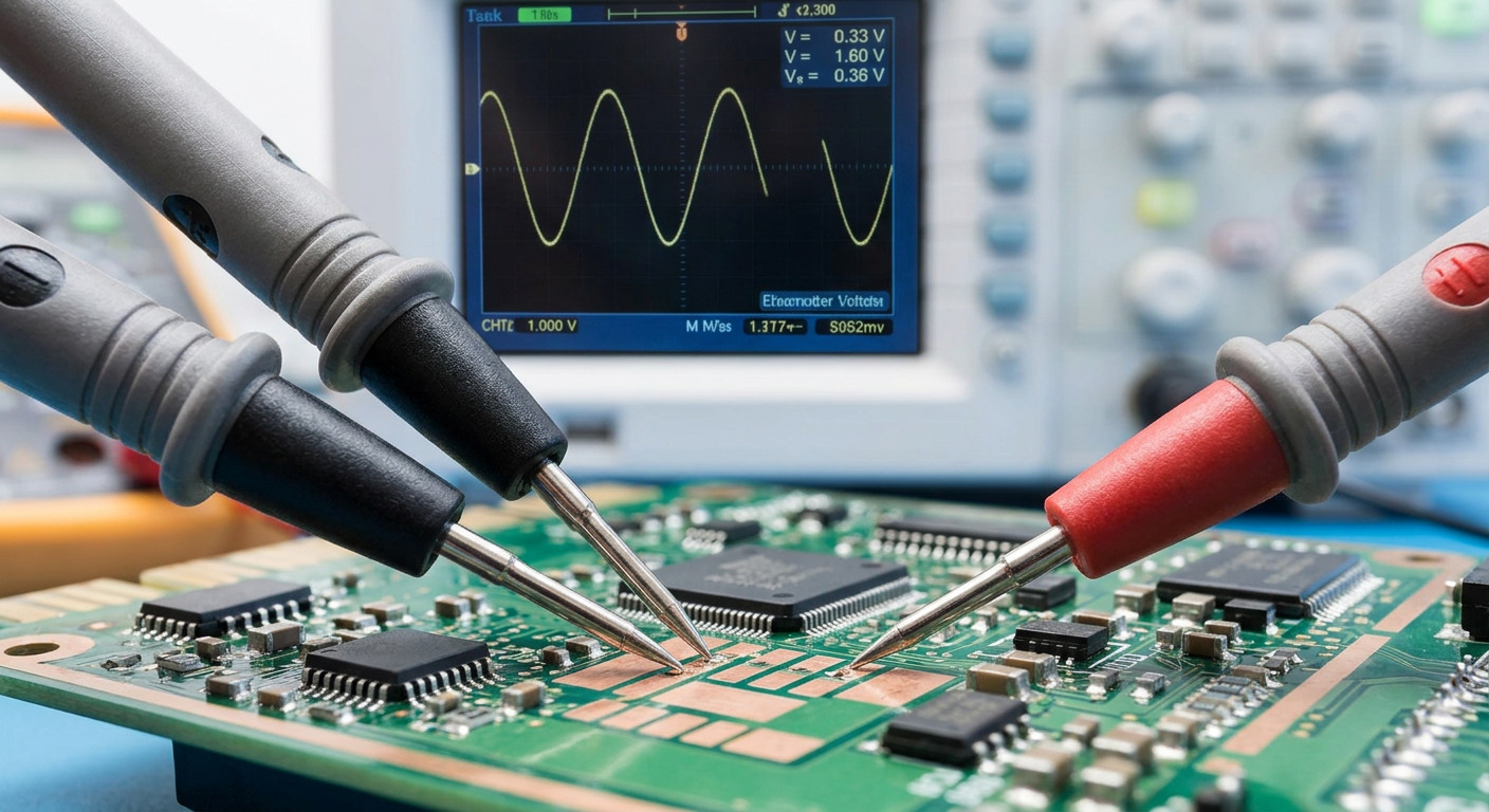 Oscilloscope probes measuring a buzzer driver circuit on a green printed circuit board
